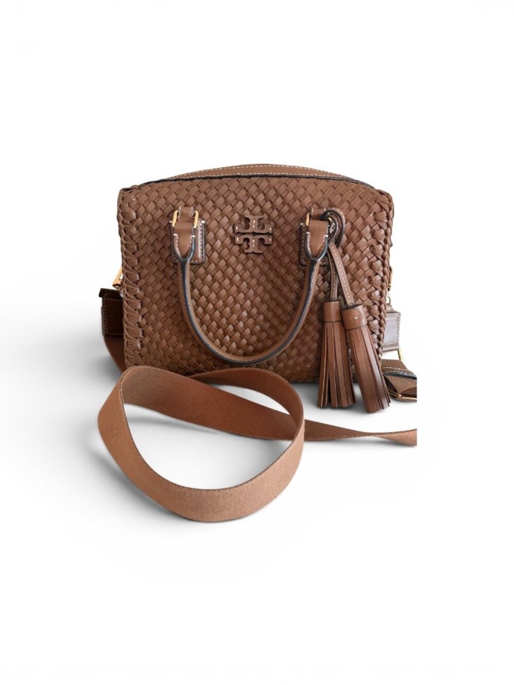 Tory Burch Thea Woven Leather McGraw Web Small Satchel Handbag Wide Crossbody Sh - Picture 2 of 16